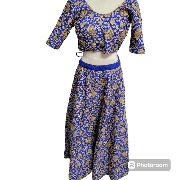 Blue, white, and gold flower lehenga - Picture 1 of 11